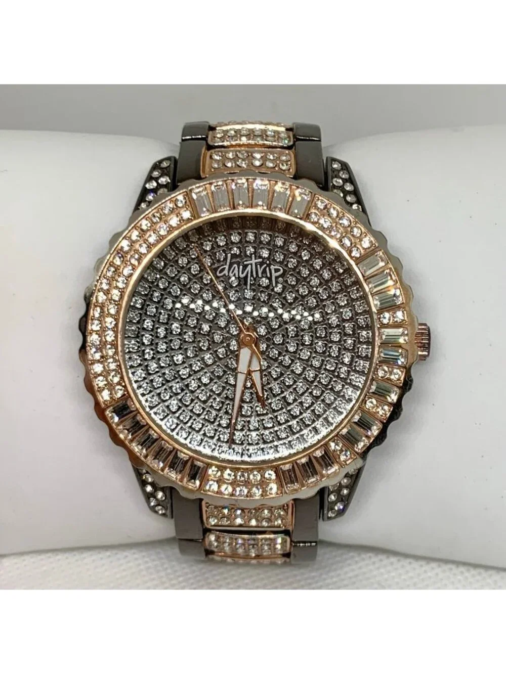 DayTrip iced dial gold black tone women watch large case 46mm size 6.5” running